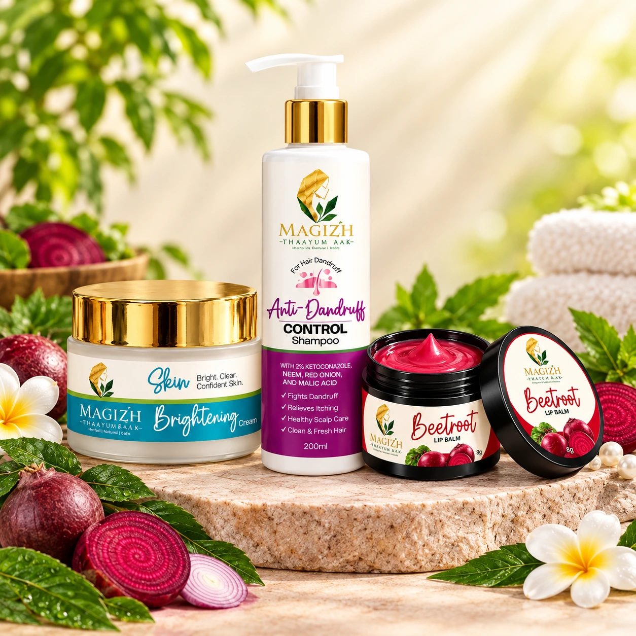 Anti-Dandruff + Beetroot Lip Balm + Brightening Cream Combo